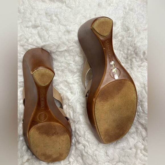 ITALIAN SHOEMAKERS 3” Gold Crystal Dress Leather Kitten Heels Wedge Sandals 8.5 - Picture 6 of 11